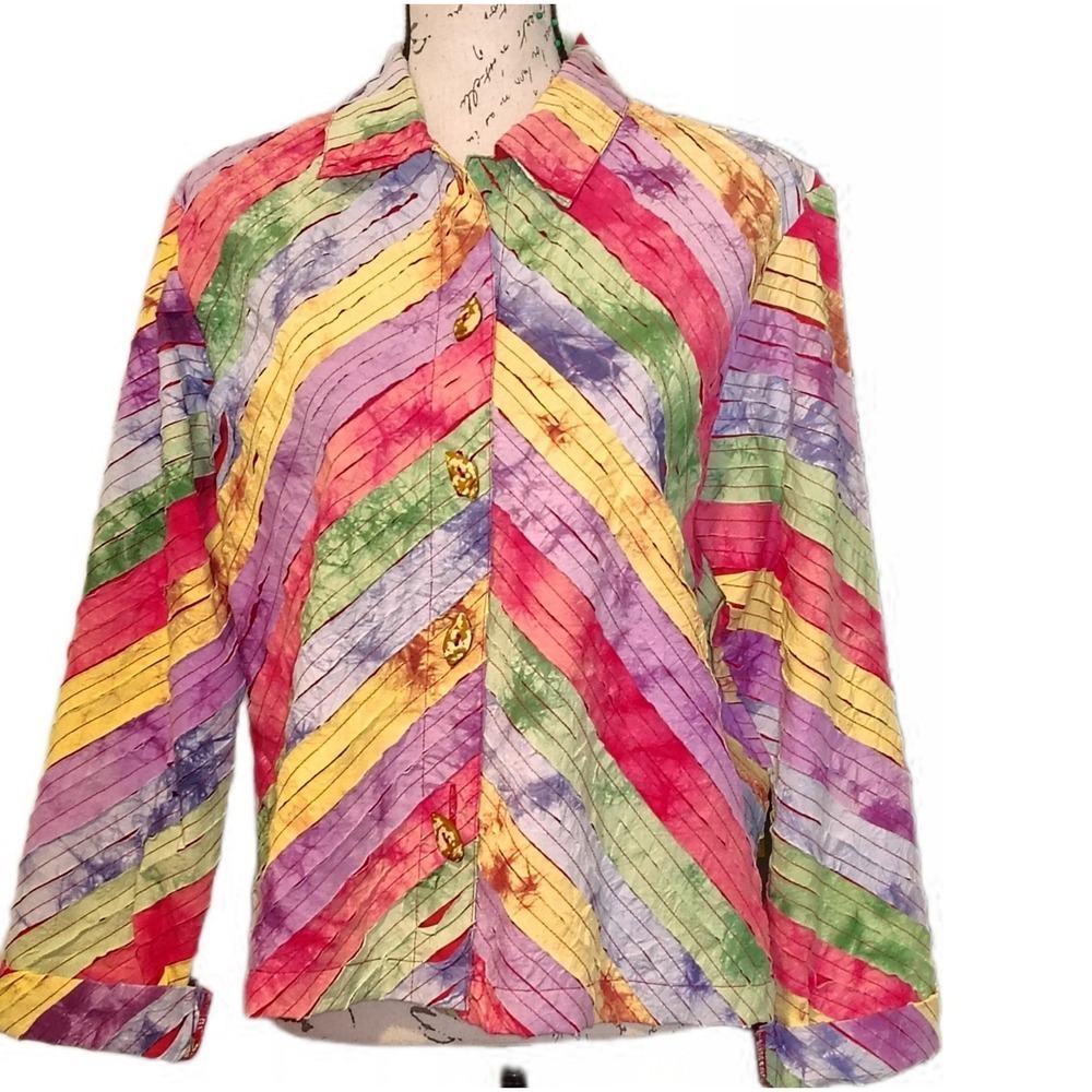 Vintage 90s Rainbow Tie Dye Shacket‎ Lightweight Jacket Medium Ribbon Patchwork